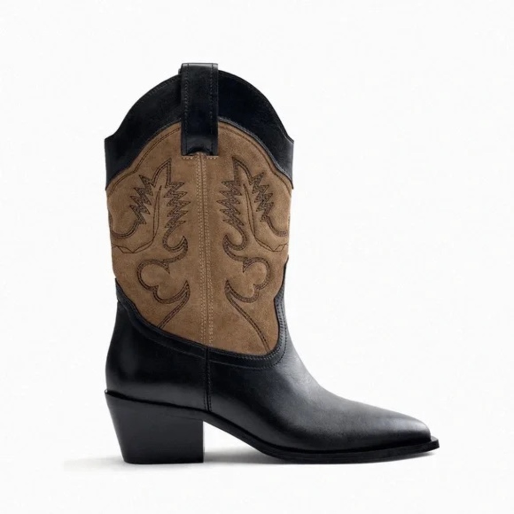 Zara Black and Tan Cowboy Boots